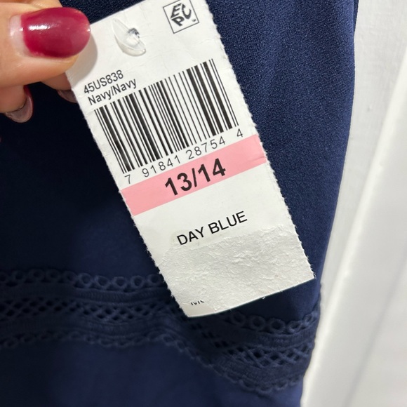 B Darlin Navy Blue Fit & Flare Dress Lace Trim Short Sleeve Size 13/14 NWT - Picture 6 of 6